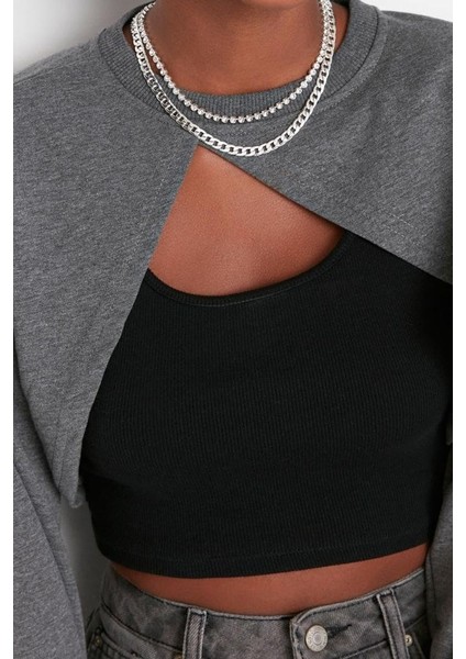 Kadın Moda Şık Crop Bisiklet Yaka Düşük Kol Crop Asimetrik Super Crop Ince Örme Sweatshirt