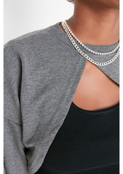 Kadın Moda Şık Crop Bisiklet Yaka Düşük Kol Crop Asimetrik Super Crop Ince Örme Sweatshirt