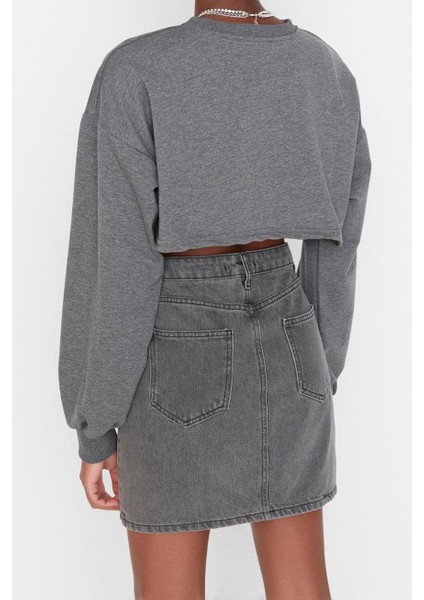 Kadın Moda Şık Crop Bisiklet Yaka Düşük Kol Crop Asimetrik Super Crop Ince Örme Sweatshirt