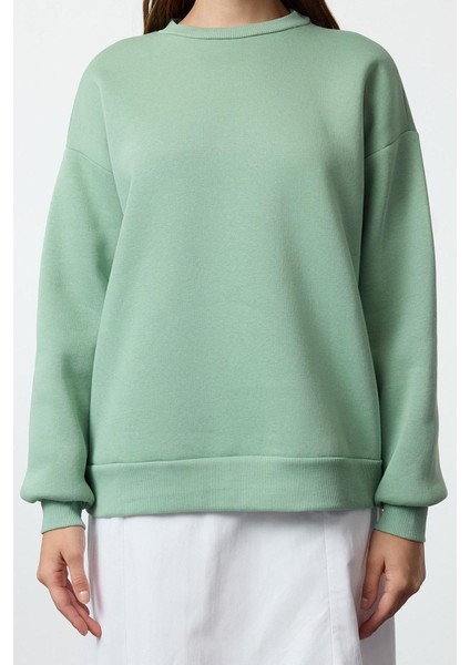 Kadın Moda Oversize Bisiklet Yaka Düşük Kol Uzun Rahat Kesim Basic Kalın Içi Polarlı Örme Sweatshirt