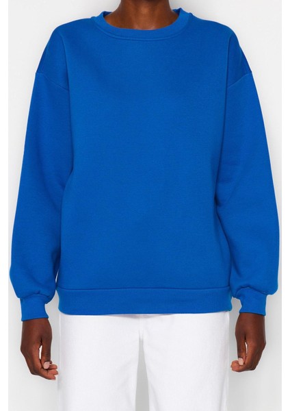 Kadın Moda Oversize Bisiklet Yaka Düşük Kol Uzun Rahat Kesim Basic Kalın Içi Polarlı Örme Sweatshirt