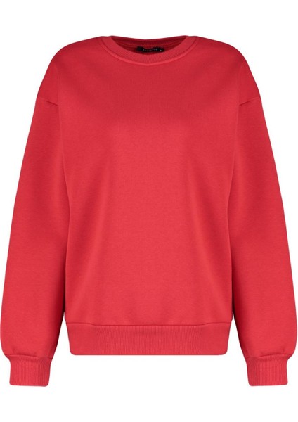 Kadın Moda Oversize Bisiklet Yaka Düşük Kol Uzun Rahat Kesim Basic Kalın Içi Polarlı Örme Sweatshirt
