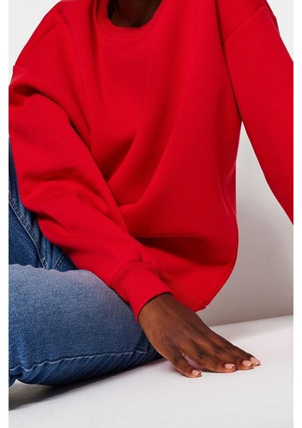 Kadın Moda Oversize Bisiklet Yaka Düşük Kol Uzun Rahat Kesim Basic Kalın Içi Polarlı Örme Sweatshirt