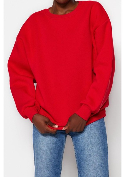 Kadın Moda Oversize Bisiklet Yaka Düşük Kol Uzun Rahat Kesim Basic Kalın Içi Polarlı Örme Sweatshirt