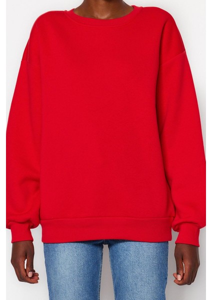 Kadın Moda Oversize Bisiklet Yaka Düşük Kol Uzun Rahat Kesim Basic Kalın Içi Polarlı Örme Sweatshirt