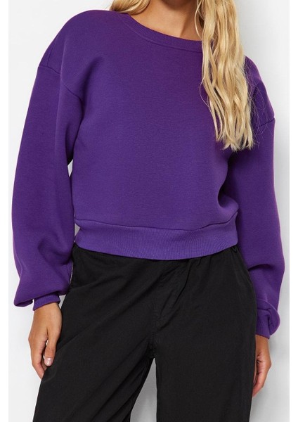 Kadın Moda Şık Crop Dik Yaka Düşük Kol Crop Rahat Kesim Crop Basic Kalın Içi Polarlı Örme Sweatshirt