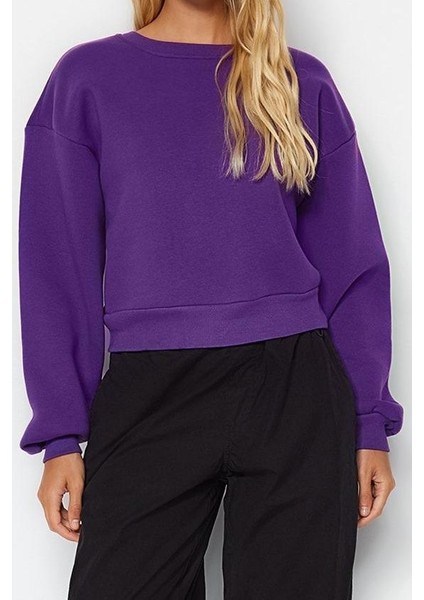 Kadın Moda Şık Crop Dik Yaka Düşük Kol Crop Rahat Kesim Crop Basic Kalın Içi Polarlı Örme Sweatshirt