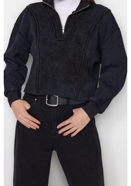 Kadın Crop Fermuarlı Yaka Düşük Kol Crop Eskitme Kalın Içi Polarlı Rahat Kesim Crop Örme Sweatshirt fırsatları