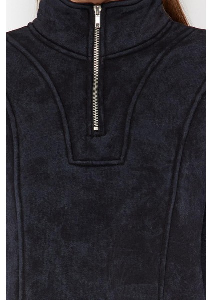 Kadın Crop Fermuarlı Yaka Düşük Kol Crop Eskitme Kalın Içi Polarlı Rahat Kesim Crop Örme Sweatshirt indirimleri
