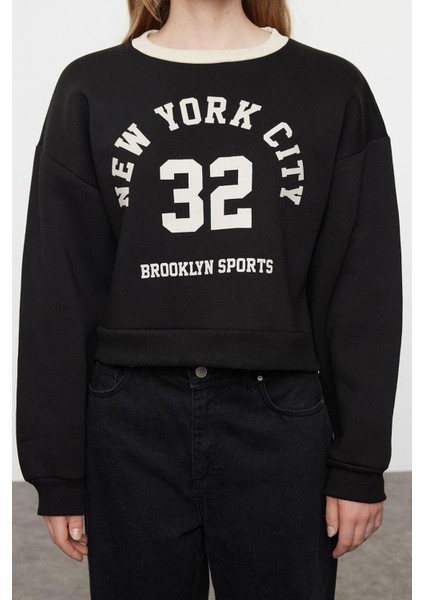 Kadın Oversize Bisiklet Yaka Düşük Kol Crop Slogan Geniş Kalıp Kalın Içi Polarlı Örme Sweatshirt