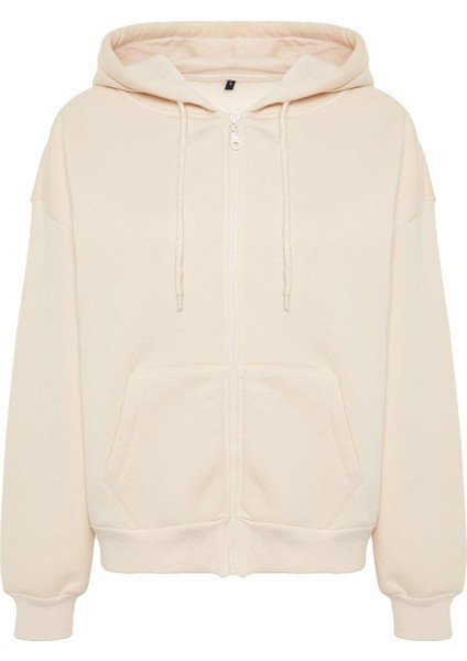 Kadın Oversize Kapüşonlu Düşük Kol Uzun Rahat Kesim Basic Fermuarlı Kalın Polarlı Örme Sweatshirt
