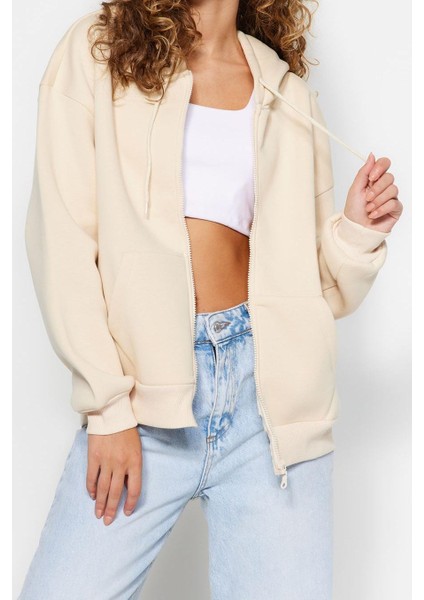 Kadın Oversize Kapüşonlu Düşük Kol Uzun Rahat Kesim Basic Fermuarlı Kalın Polarlı Örme Sweatshirt fiyatları