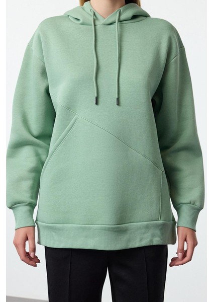 Kadın Moda Bol Kapüşonlu Düşük Kol Uzun Kalın Içi Polarlı Geniş Kalıp Cep Detaylı Örme Sweatshirt