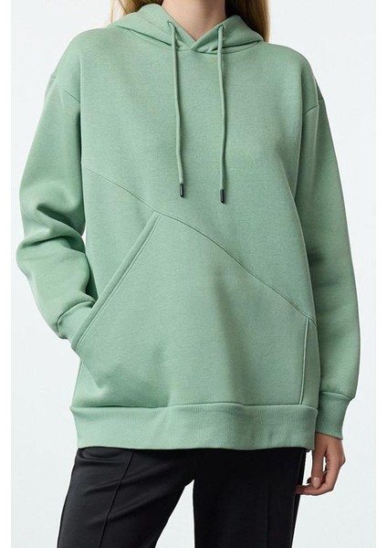 Kadın Moda Bol Kapüşonlu Düşük Kol Uzun Kalın Içi Polarlı Geniş Kalıp Cep Detaylı Örme Sweatshirt