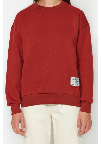Kadın Moda Şık Regular Bisiklet Yaka Düşük Kol Regular Etiket Detaylı Örme Sweatshirt