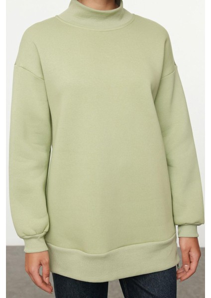 Kadın Moda Oversize Dik Yaka Düşük Kol Uzun Geniş Kalıp Fermuarlı Kalın Içi Polarlı Örme Sweatshirt