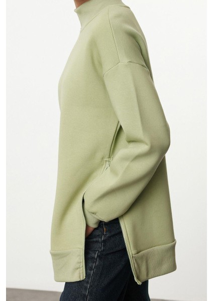 Kadın Moda Oversize Dik Yaka Düşük Kol Uzun Geniş Kalıp Fermuarlı Kalın Içi Polarlı Örme Sweatshirt