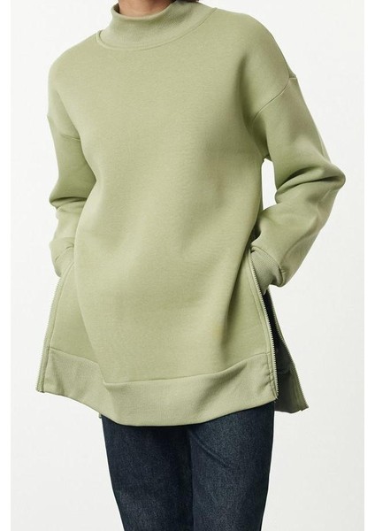 Kadın Moda Oversize Dik Yaka Düşük Kol Uzun Geniş Kalıp Fermuarlı Kalın Içi Polarlı Örme Sweatshirt