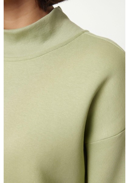 Kadın Moda Oversize Dik Yaka Düşük Kol Uzun Geniş Kalıp Fermuarlı Kalın Içi Polarlı Örme Sweatshirt