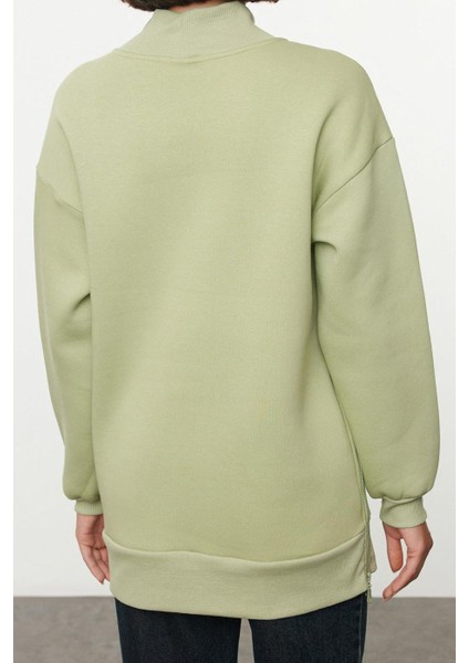Kadın Moda Oversize Dik Yaka Düşük Kol Uzun Geniş Kalıp Fermuarlı Kalın Içi Polarlı Örme Sweatshirt