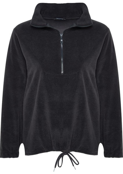 Kadın Moda Şık Regular Fermuarlı Yaka Düşük Kol Regular Fermuar Detaylı Polar Örme Sweatshirt