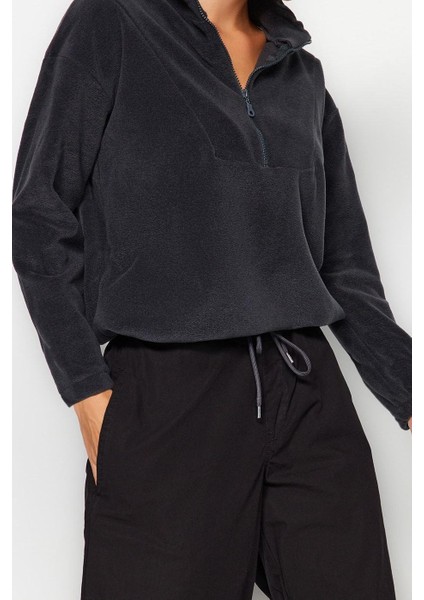 Kadın Moda Şık Regular Fermuarlı Yaka Düşük Kol Regular Fermuar Detaylı Polar Örme Sweatshirt