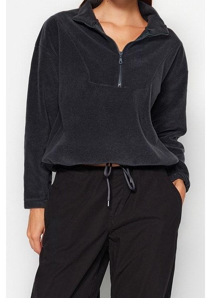 Kadın Moda Şık Regular Fermuarlı Yaka Düşük Kol Regular Fermuar Detaylı Polar Örme Sweatshirt