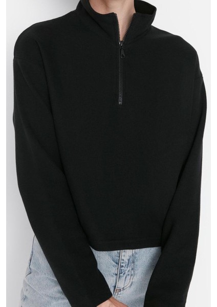 Kadın Fermuarlı Yaka Düşük Kol Selanik Triko Fermuarlı Yaka Normal Kalıp Örme Sweatshirt