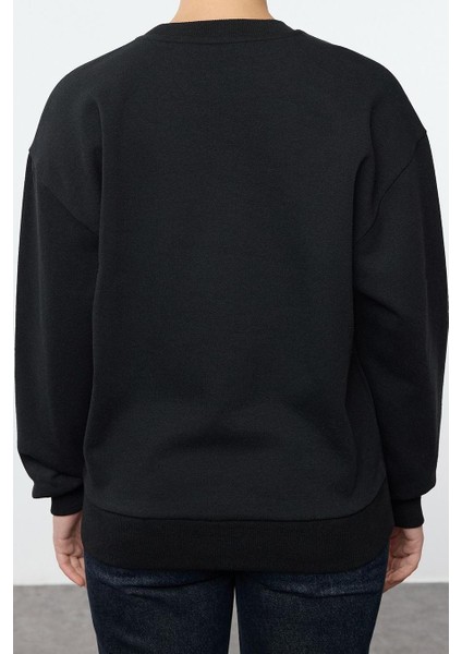 Kadın Bisiklet Yaka Standart Kol Animal Nakışlı Normal Kalıp Kalın Içi Polarlı Örme Sweatshirt