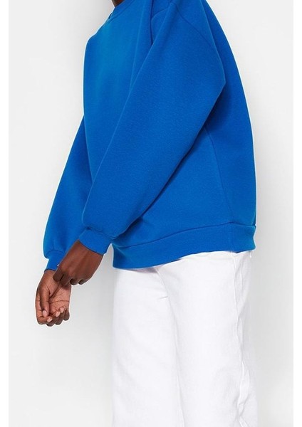 Kadın Moda Oversize Bisiklet Yaka Düşük Kol Uzun Rahat Kesim Basic Kalın Içi Polarlı Örme Sweatshirt