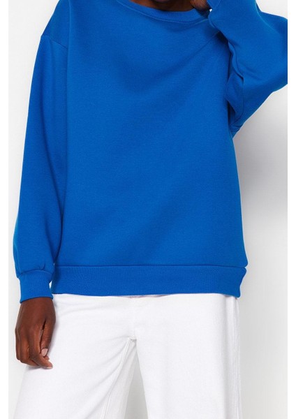 Kadın Moda Oversize Bisiklet Yaka Düşük Kol Uzun Rahat Kesim Basic Kalın Içi Polarlı Örme Sweatshirt