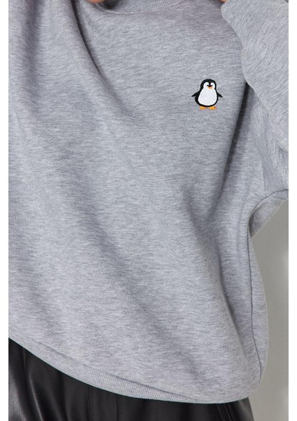 Kadın Bisiklet Yaka Standart Kol Animal Nakışlı Normal Kalıp Kalın Içi Polarlı Örme Sweatshirt fiyatları