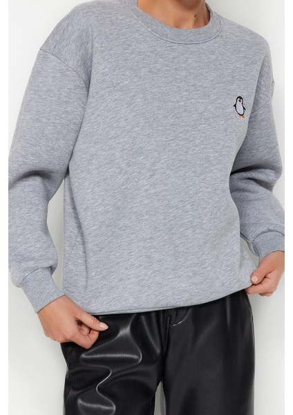Kadın Bisiklet Yaka Standart Kol Animal Nakışlı Normal Kalıp Kalın Içi Polarlı Örme Sweatshirt modelleri