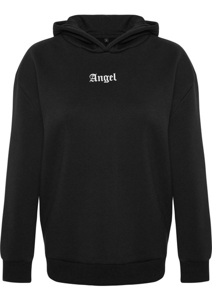 Kadın Bol Kapüşonlu Düşük Kol Uzun Kalın Içi Polarlı Ön ve Arka Baskılı Geniş Kalıp Örme Sweatshirt