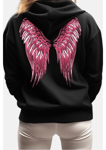 Kadın Bol Kapüşonlu Düşük Kol Uzun Kalın Içi Polarlı Ön ve Arka Baskılı Geniş Kalıp Örme Sweatshirt