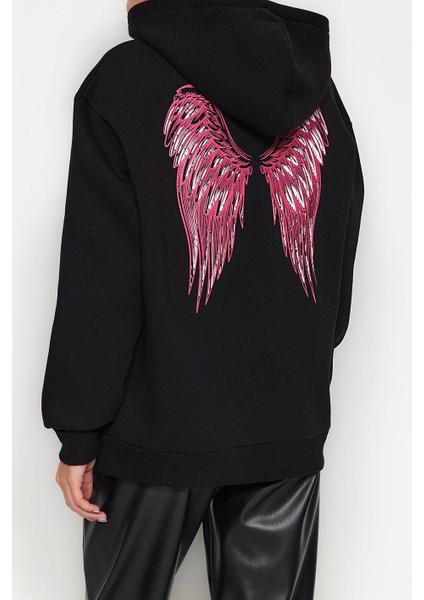 Kadın Bol Kapüşonlu Düşük Kol Uzun Kalın Içi Polarlı Ön ve Arka Baskılı Geniş Kalıp Örme Sweatshirt