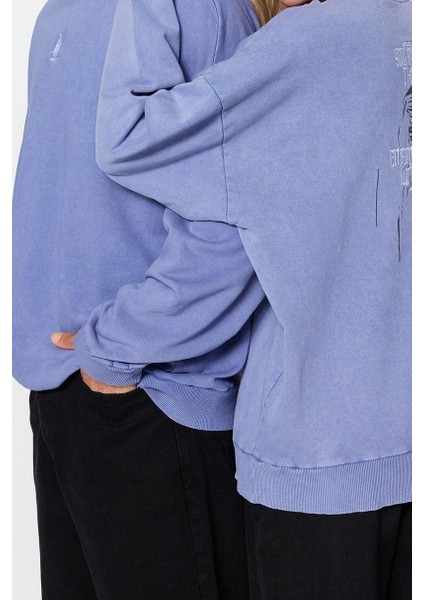 Moda Bol Bisiklet Yaka Standart Kol Standart Geniş Kesim %100 Pamuk Eskitme Mistik Sweatshirt