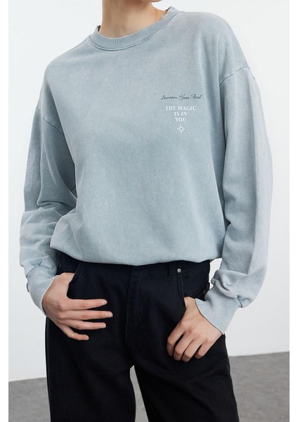 Kadın Moda Bol Bisiklet Yaka Düşük Kol Uzun Ön ve Sırt Baskılı Yıkamalı Geniş Kalıp Örme Sweatshirt