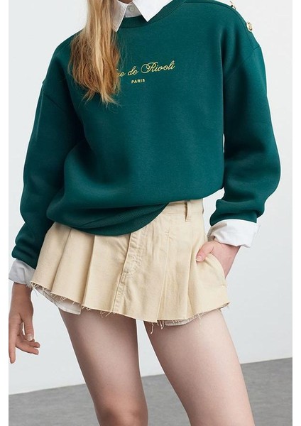 Kadın Bisiklet Yaka Düşük Kol Uzun Sloganlı Düğme Detaylı Kalıp Kalın Içi Polarlı Örme Sweatshirt