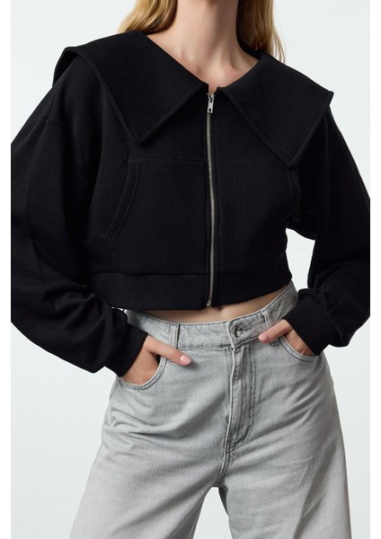 Kadın Moda Şık Crop Polo Yaka Düşük Kol Crop Normal Kalıp Fermuarlı Yaka Detaylı Örme Sweatshirt