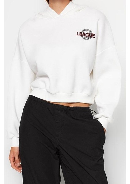 Kadın Moda Şık Relaxed Kapüşonlu Düşük Kol Crop Sırt Baskı Detaylı Şardonlu Örme Sweatshirt