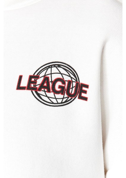 Kadın Moda Şık Relaxed Kapüşonlu Düşük Kol Crop Sırt Baskı Detaylı Şardonlu Örme Sweatshirt