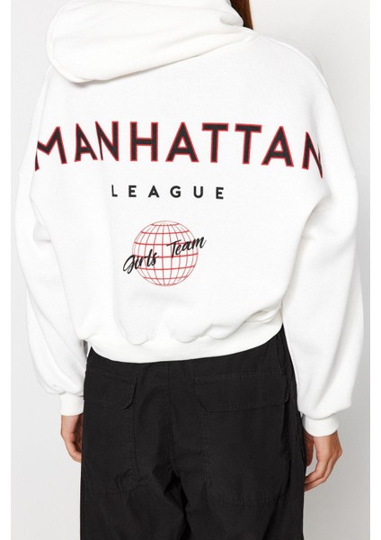 Kadın Moda Şık Relaxed Kapüşonlu Düşük Kol Crop Sırt Baskı Detaylı Şardonlu Örme Sweatshirt