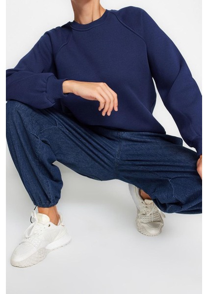 Kadın Moda Şık Oversize Bisiklet Yaka Düşük Kol Uzun Rahat Kalıp Basic Reglan Kol Örme Sweatshirt