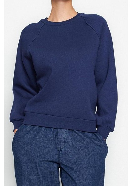 Kadın Moda Şık Oversize Bisiklet Yaka Düşük Kol Uzun Rahat Kalıp Basic Reglan Kol Örme Sweatshirt