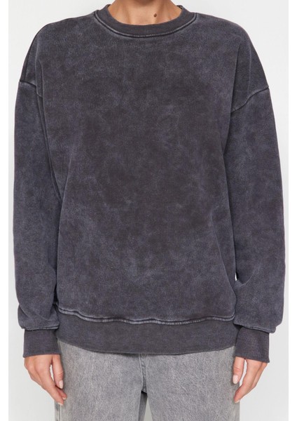 Kadın Moda Bol Bisiklet Yaka Düşük Kol Uzun Eskitme Kalın Içi Polarlı Geniş Kalıp Örme Sweatshirt