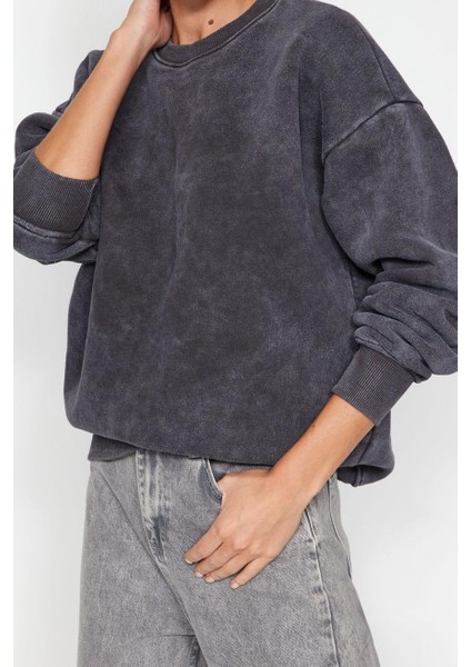 Kadın Moda Bol Bisiklet Yaka Düşük Kol Uzun Eskitme Kalın Içi Polarlı Geniş Kalıp Örme Sweatshirt modelleri