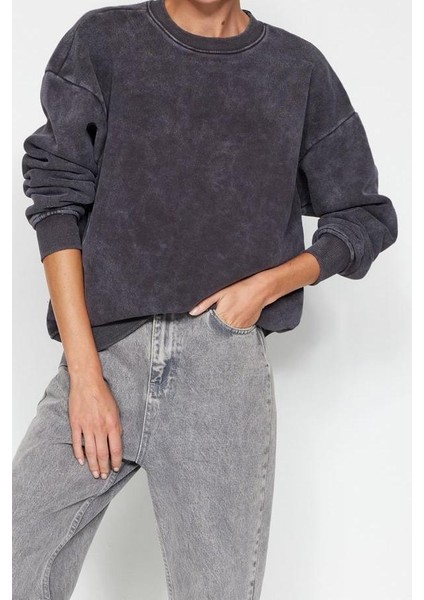 Kadın Moda Bol Bisiklet Yaka Düşük Kol Uzun Eskitme Kalın Içi Polarlı Geniş Kalıp Örme Sweatshirt fırsatları