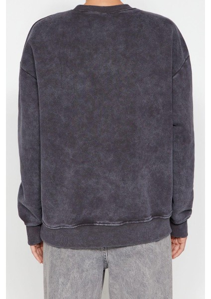 Kadın Moda Bol Bisiklet Yaka Düşük Kol Uzun Eskitme Kalın Içi Polarlı Geniş Kalıp Örme Sweatshirt indirimleri