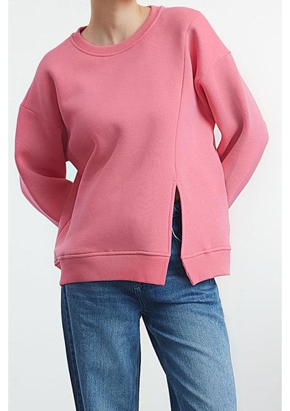 Kadın Moda Şık Bol Bisiklet Yaka Düşük Kol Uzun Yırtmaç Detaylı Geniş Kalıp Örme Sweatshirt